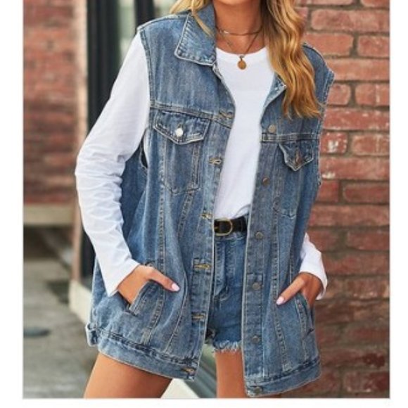 Long Blue Demin Sleeveless Vest, Size Medium - Picture 2 of 2